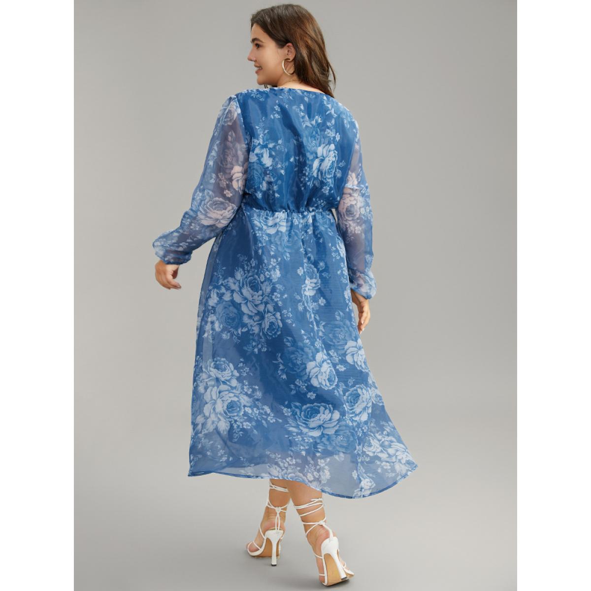 Plus Size Silhouette Floral Print Elastic Cuffs Mesh Dress Cerulean Women Elegant Elastic cuffs V-neck Long Sleeve Curvy Midi Dress BloomChic 10/M Product Image