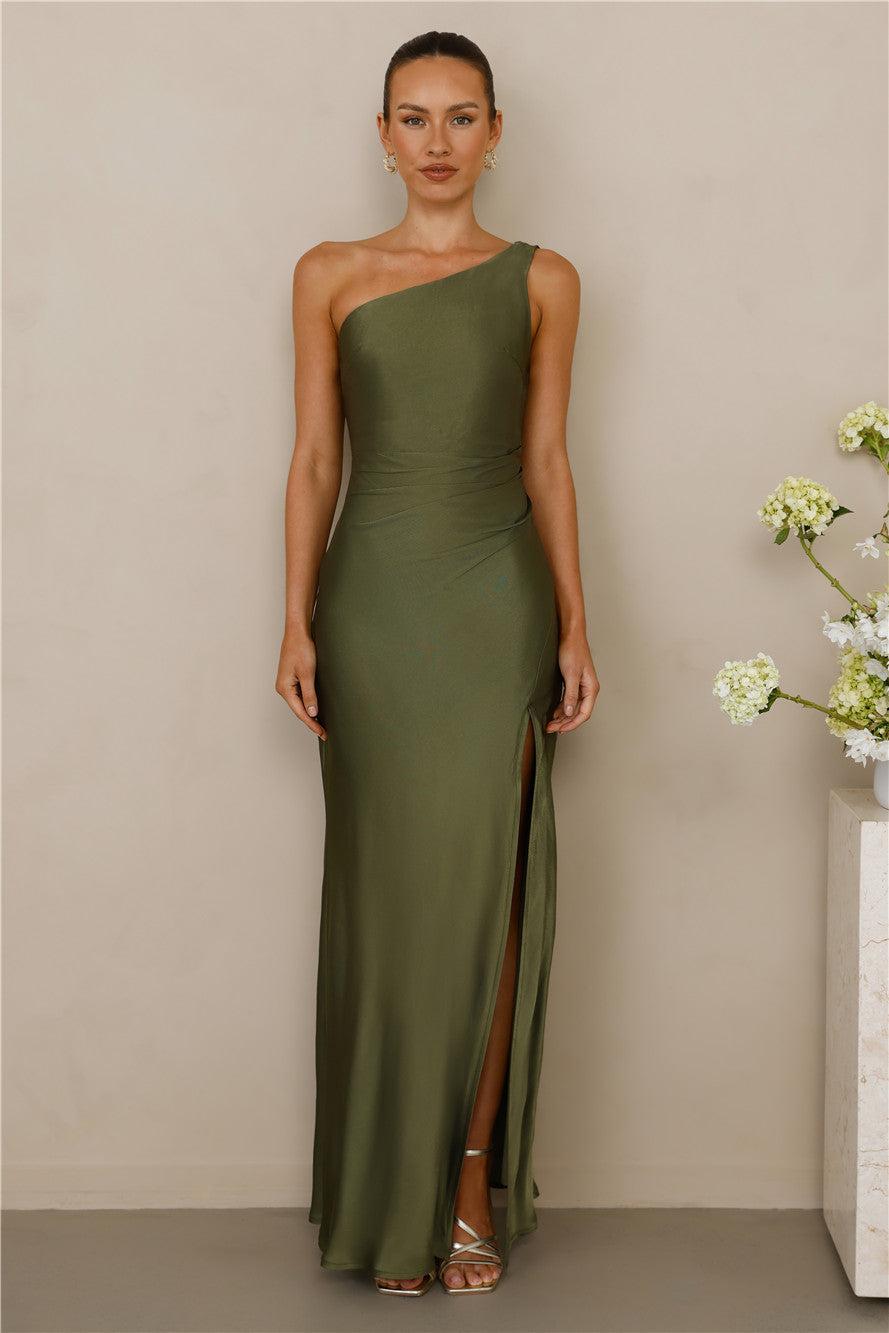 The Aurora One Shoulder Satin Maxi Dress Olive Product Image