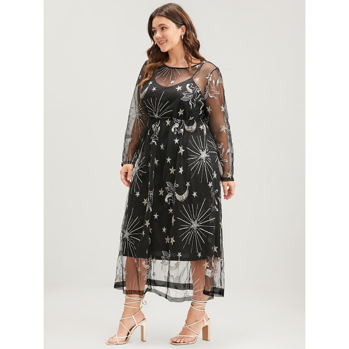 Moon and Star Embroidered Plus Size Women Midi Dress Going out Gathered Long Sleeve Round Neck Party Dresses BloomChic Product Image