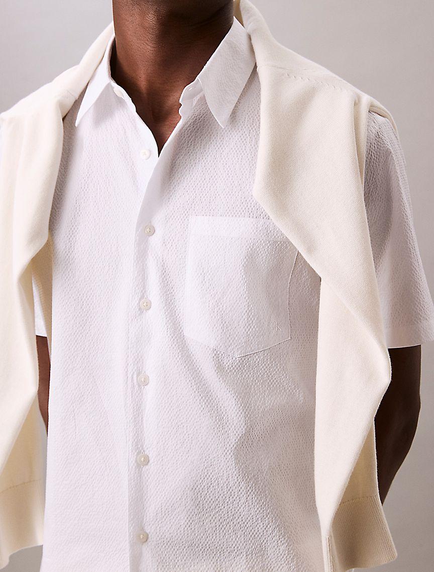 Calvin Klein Mens Solid Seersucker Classic Button-Down Shirt - White Product Image