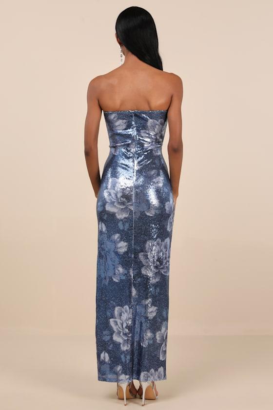 Glowing Wonder Blue Floral Sequin Strapless Maxi Dress Product Image