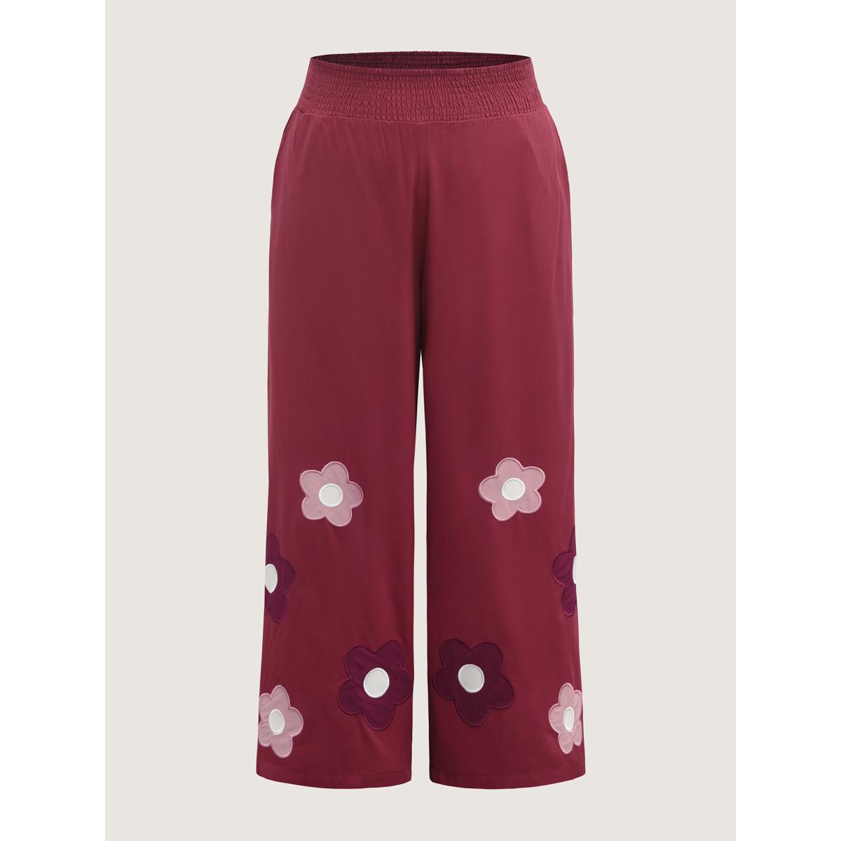 Plus Size Floral Applique Embroidery Wide-Leg Pants Women Raspberry Playful Loose Mid Rise Casual Pants BloomChic 14-16/1X Product Image