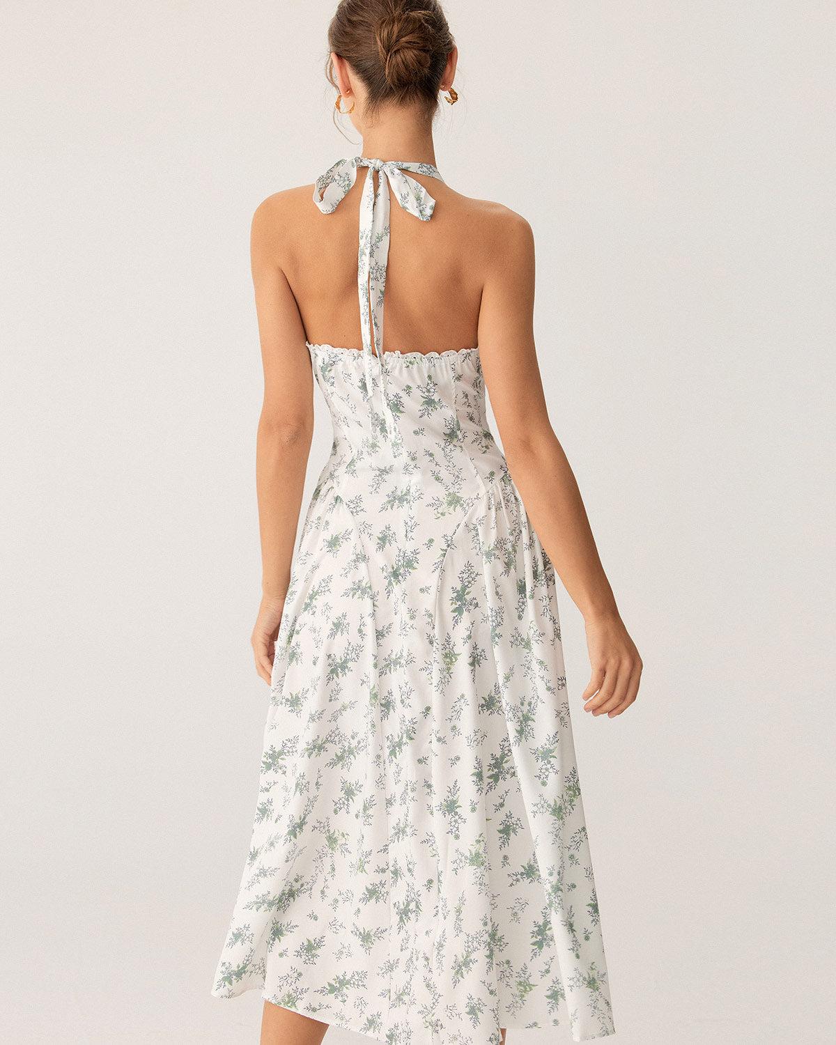 Green Floral Ruched Lace Halter Midi Dress Product Image