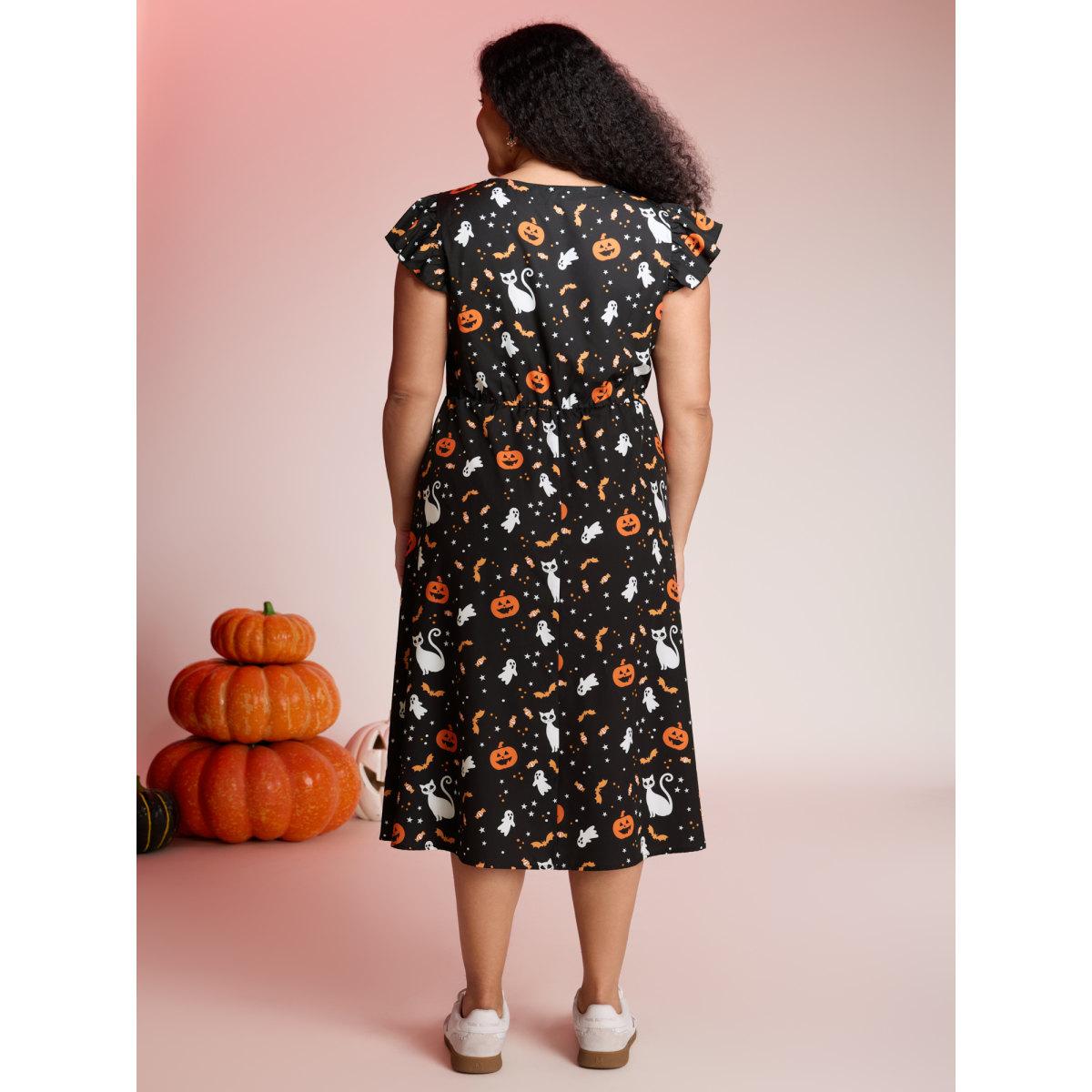 Plus Size Pumpkin Printed Ruffle Sleeves Midi Dress Black Women Playful Ruffles Party Curvy Bloomchic 28/5X Product Image