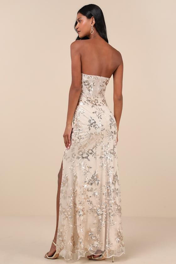 Confident Sensation Gold Sequin Strapless Bustier Maxi Dress Product Image