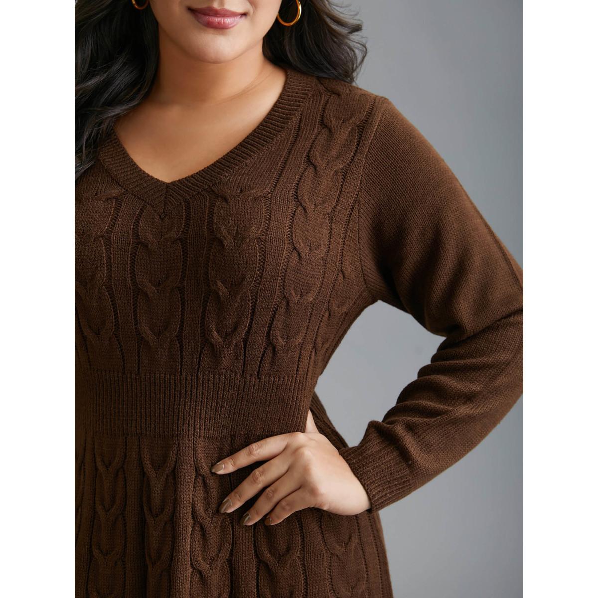 Plus Size Textured Cable Knit V-Neck Midi Sweater Dress Browncoffeecolor Women Leisure Bodycon Long Sleeve Casual Sweater Dresses BloomChic 26/4X Product Image