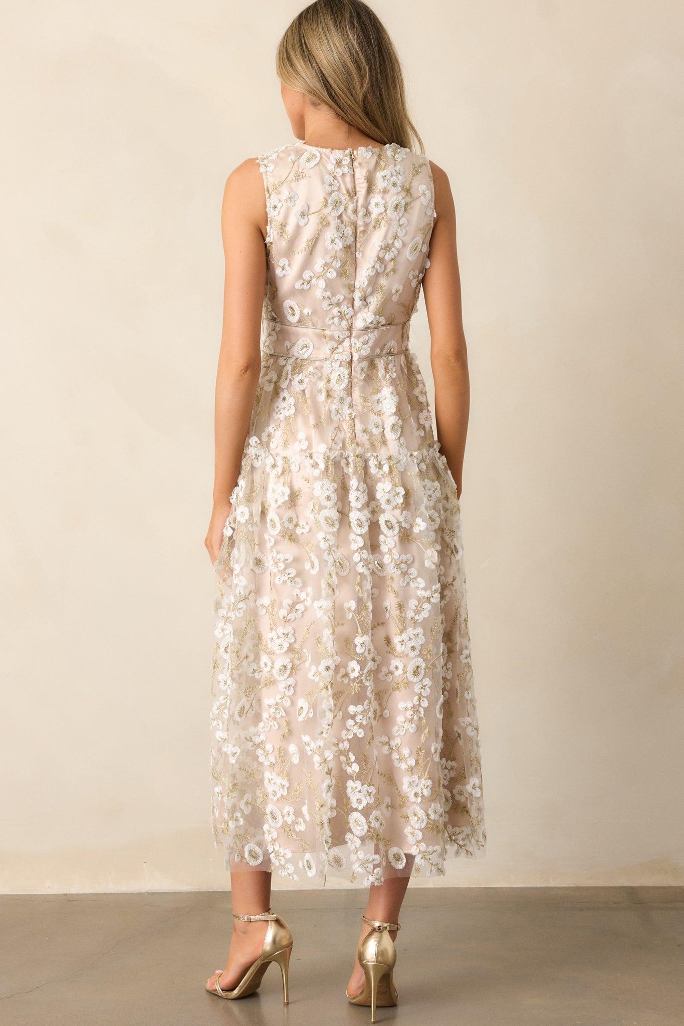 Celebrate With Me Champagne Embroidered Midi Dress Product Image