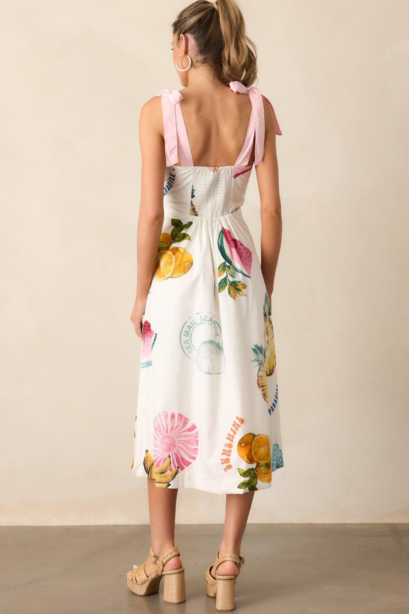 Take A Chance Cotton Ivory Tropical Fruit Print Midi Dress Product Image