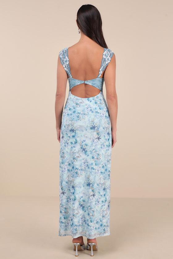Endlessly Cute Blue Floral Mesh Cutout Lace Bustier Maxi Dress Product Image