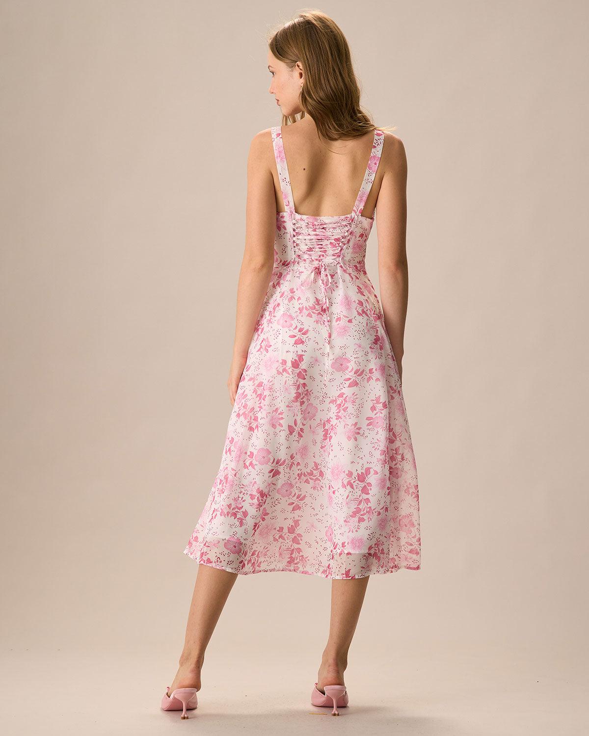 The Pink Square Neck Floral Ruched Midi Dress Product Image