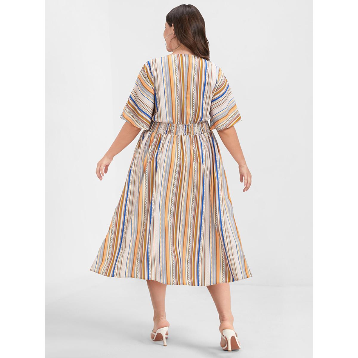 Plus Size Bandana Split Dolman Sleeve Shirred Pocket Midi Dress Apricot Women Vacation Pocket V-neck Half Sleeve Curvy Long Dress BloomChic 26/4X Product Image