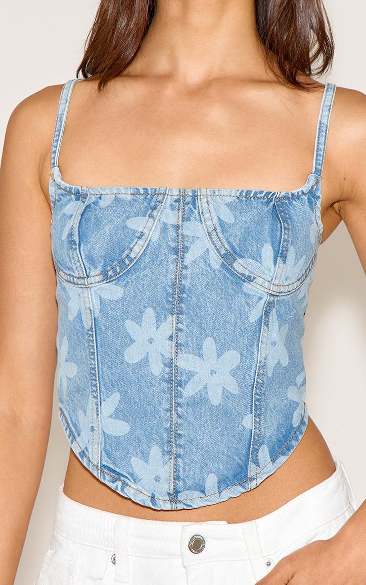 Light Blue Wash Floral Print Denim Corset Top Product Image