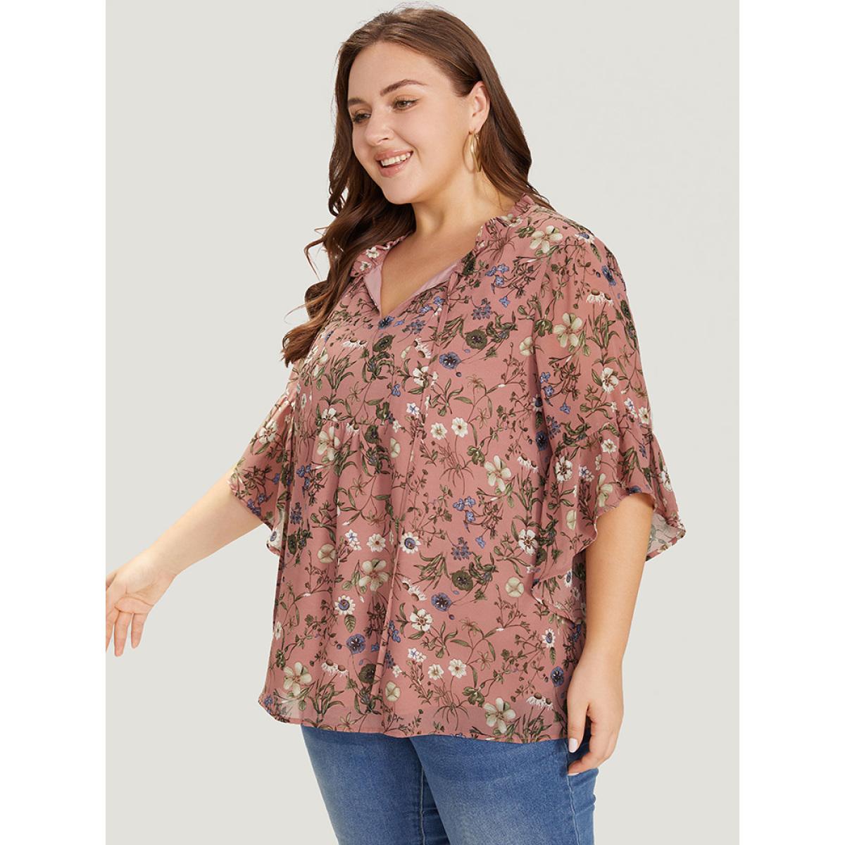 Plus Size Rouge Floral Tie Neck Frill Trim Bell Sleeve Blouse Women Elegant Half Sleeve Tie Neck Dailywear Blouses BloomChic 30/6X Product Image