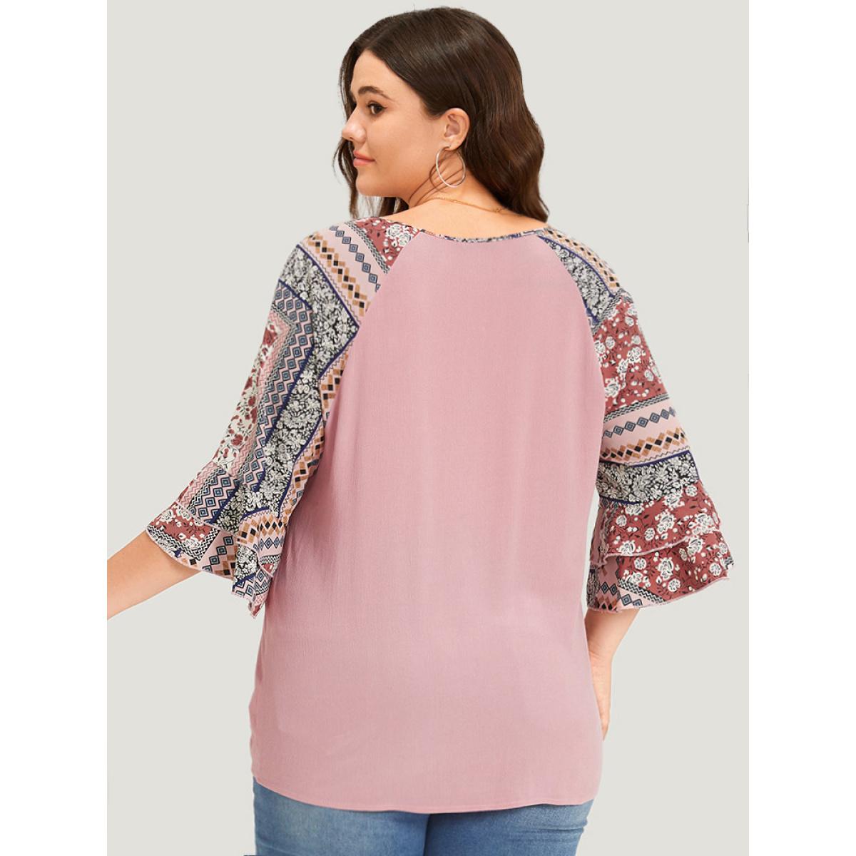 Plus Size DustyPink Bandana Patchwork Knotted Bell Sleeve Blouse Women Elegant Elbow-length sleeve Round Neck Dailywear Blouses BloomChic 30/6X Product Image