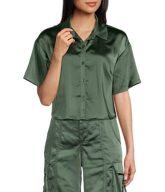 GB Coordinating Satin Short Sleeve Button Front Blouse Product Image