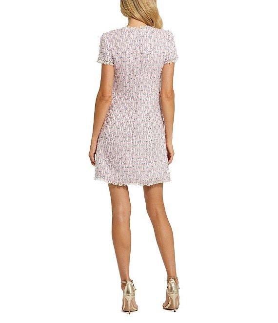 Mac Duggal Boucle High Neck Short Sleeves Floral Button Detail Shift Dress Product Image