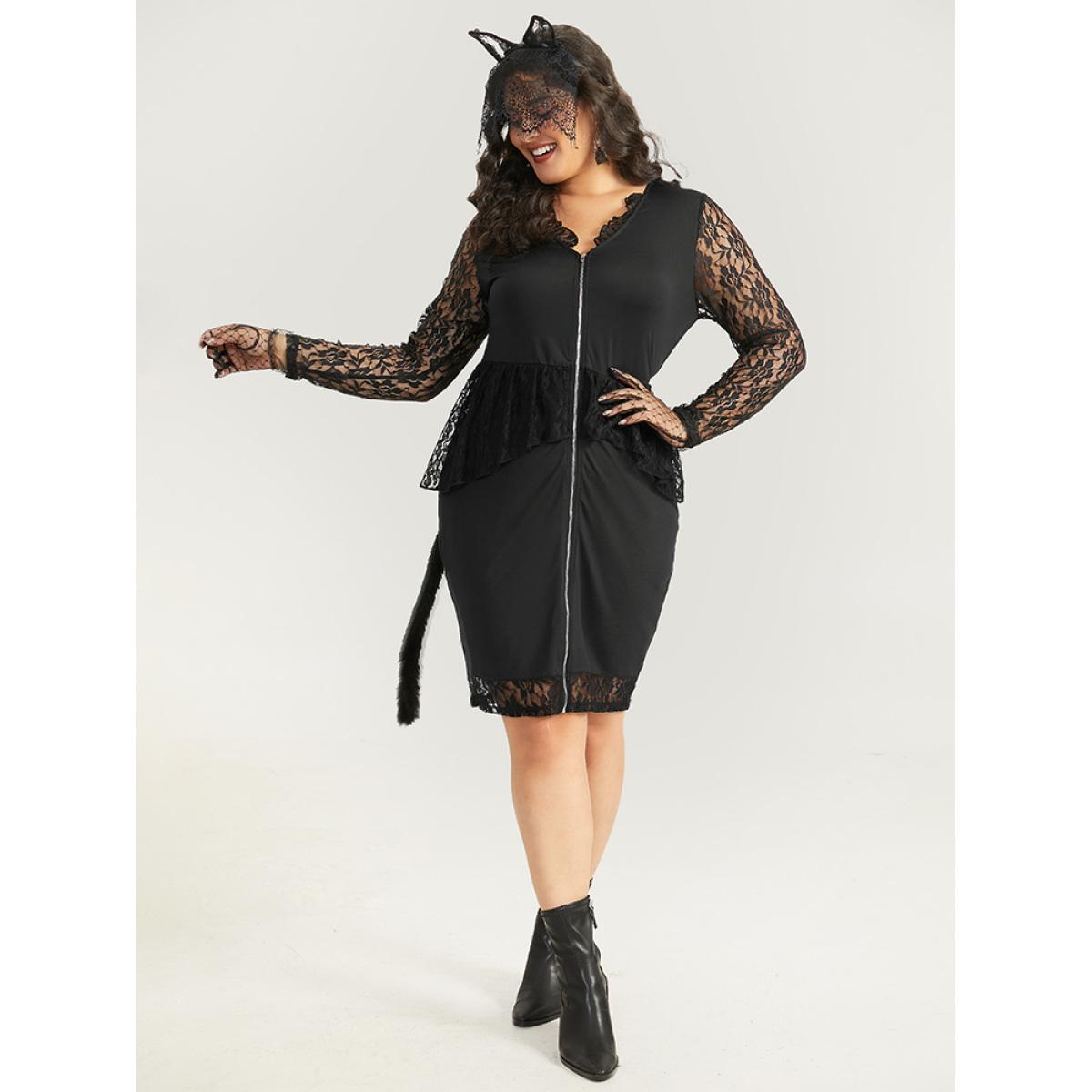 Plus Size Halloween Guipure Lace Zipper Fly Layered Dress Black Women Elegant See through V-neck Long Sleeve Curvy Knee Dress BloomChic 14-16/1X Product Image