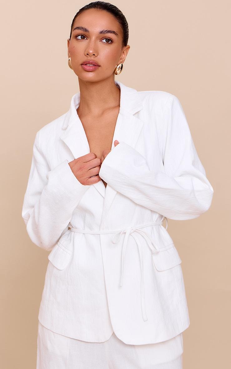 Off White Linen Look Tie Waist Blazer Product Image
