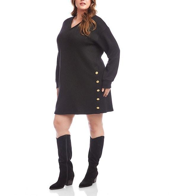 Karen Kane Plus Size Knit Long Sleeve V-Neck Button Detail Dress Product Image