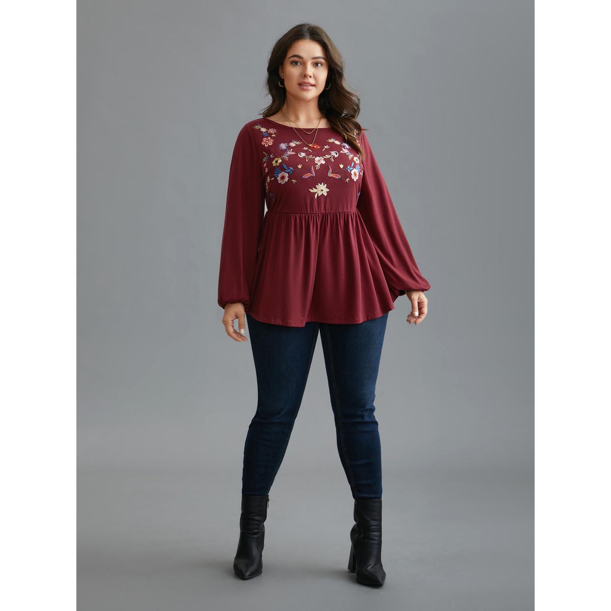 Plus Size Floral Embroidery Gathered Lantern Sleeve T-shirt Scarlet Women Elegant Gathered Natural Flowers Boat Neck Everyday T-shirts BloomChic 10/M Product Image