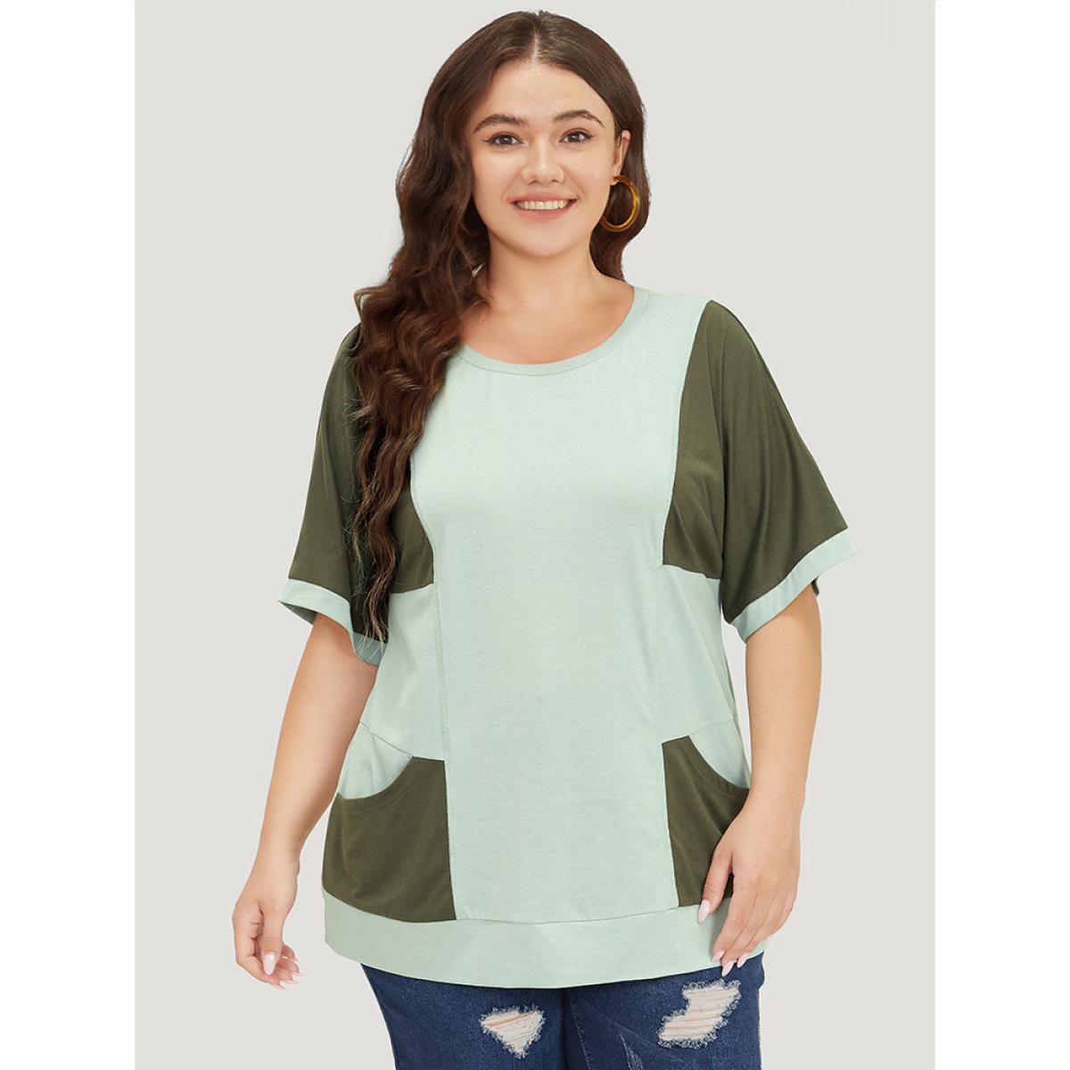 Plus Size Two Tone Dolman Sleeve Patched Pocket T-shirt Sage Women Casual Contrast Colorblock Round Neck Dailywear T-shirts BloomChic 14-16/1X Product Image