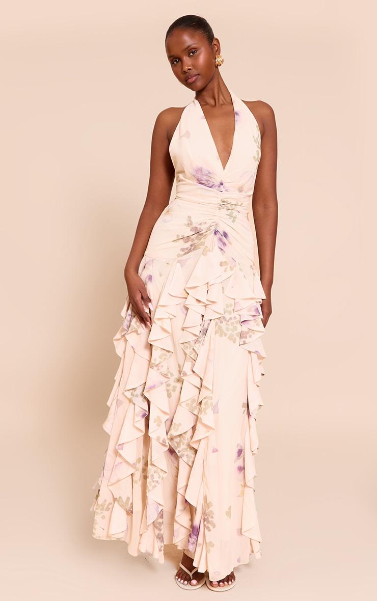 Stone Plunge Ruched Frill Detail Maxi Dress Product Image