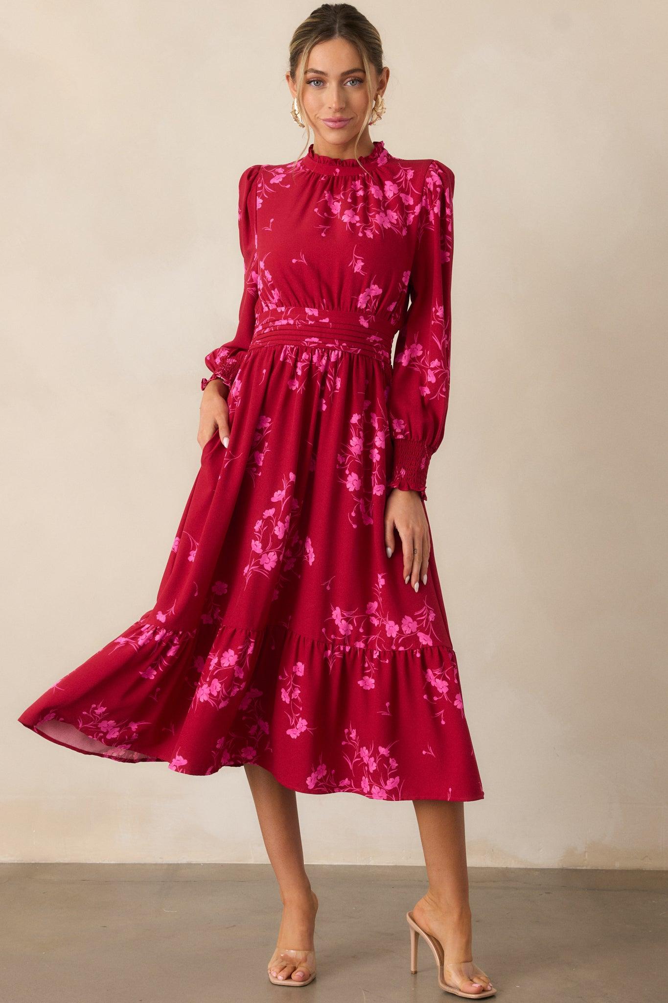 Flower Shop Stop Cherry Pink Floral Long Sleeve Midi Dress Product Image