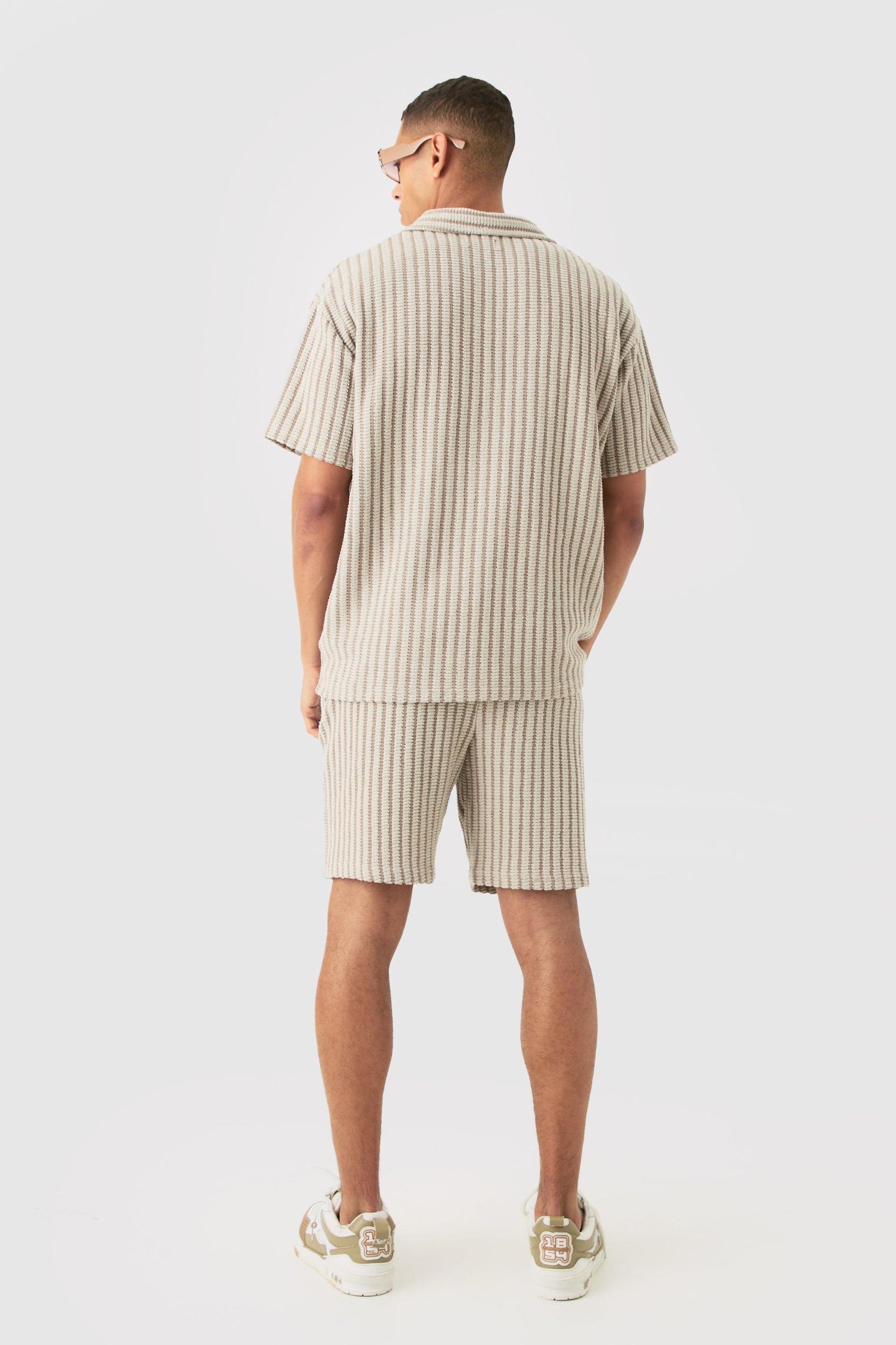 Oversized Striped Textured Revere Polo | boohooMAN USA Product Image