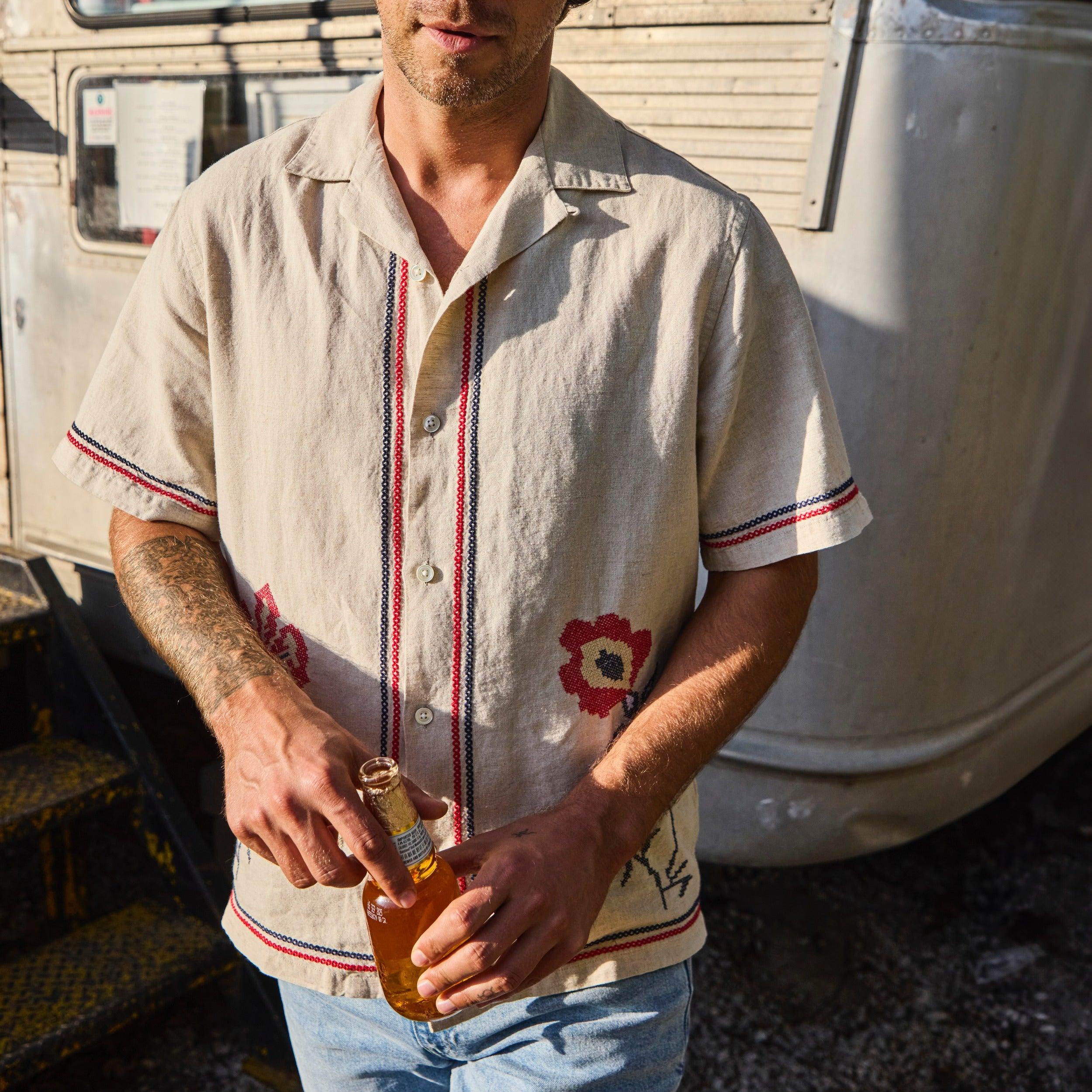 Cross Stitch Camp Shirt - Ecru Product Image