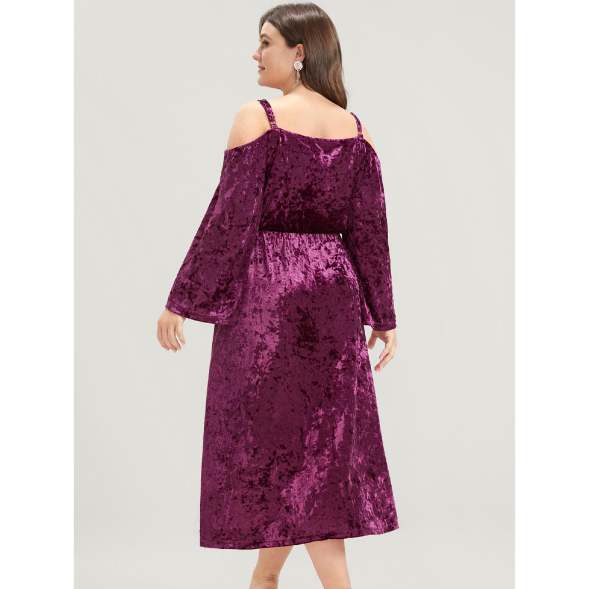 Plus Size Solid Cold Shoulder Pocket Bell Sleeve Velvet Dress RedViolet Women Party Elastic Waist Cold Shoulder Long Sleeve Curvy Midi Dress BloomChic 10/M Product Image