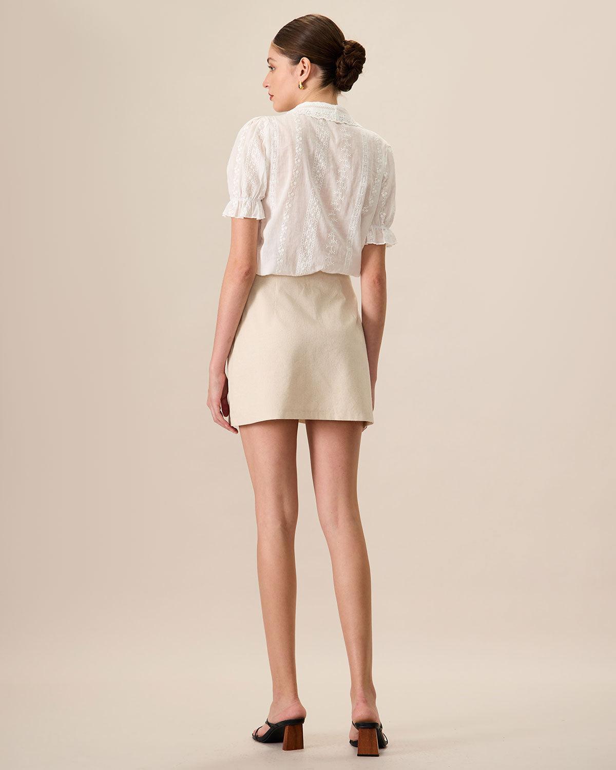 Women's Beige High-Waisted Cotton Button Mini Skirt Female Product Image