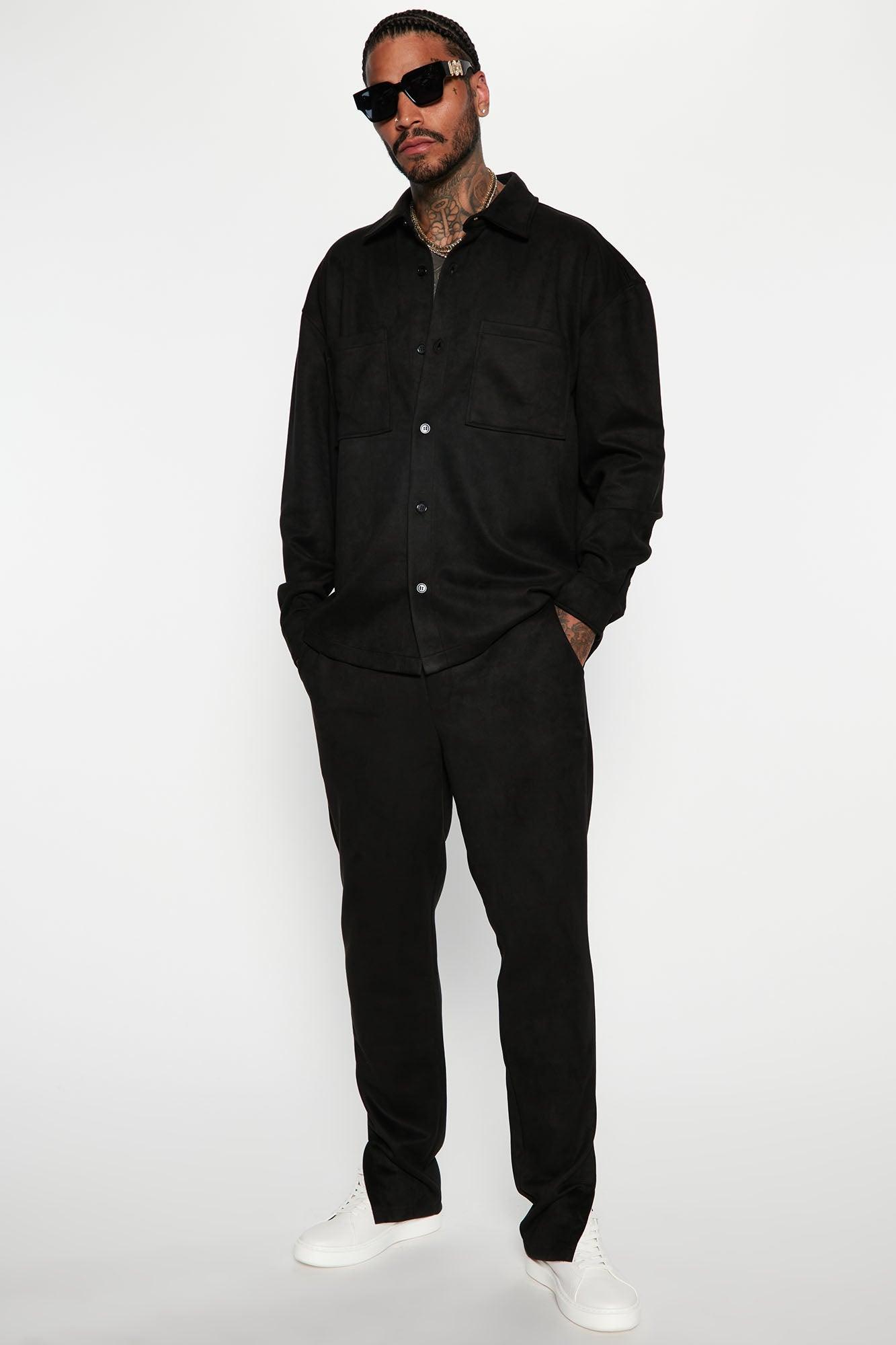 Dre Faux Suede Long Sleeve Button Up Shirt - Black Product Image