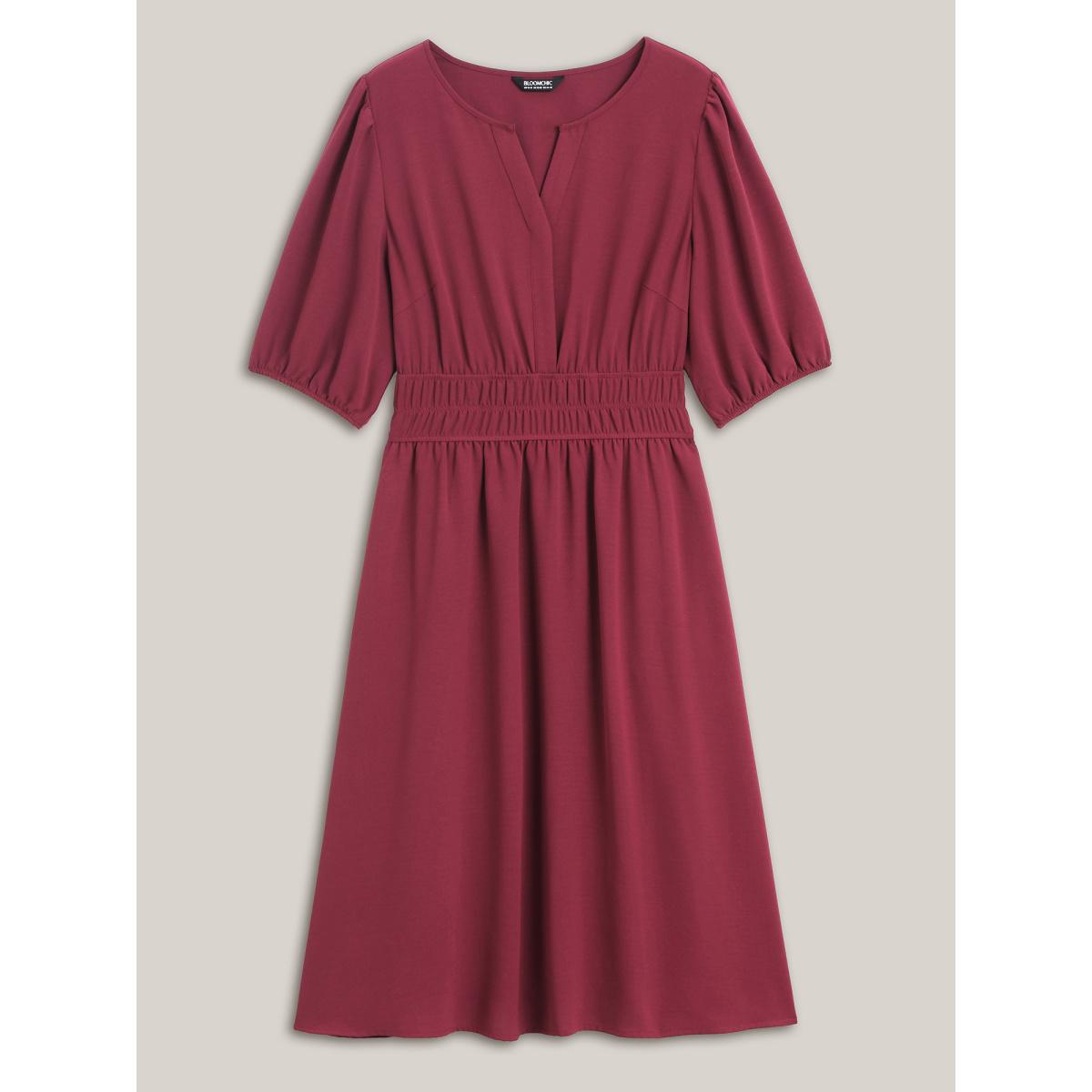 Plus Size Shirred Waist Split Neck Puff Sleeve Dress Burgundy Women At the Office Gathered Flat collar with V-notch Half Sleeve Curvy BloomChic 14-16/1X Product Image