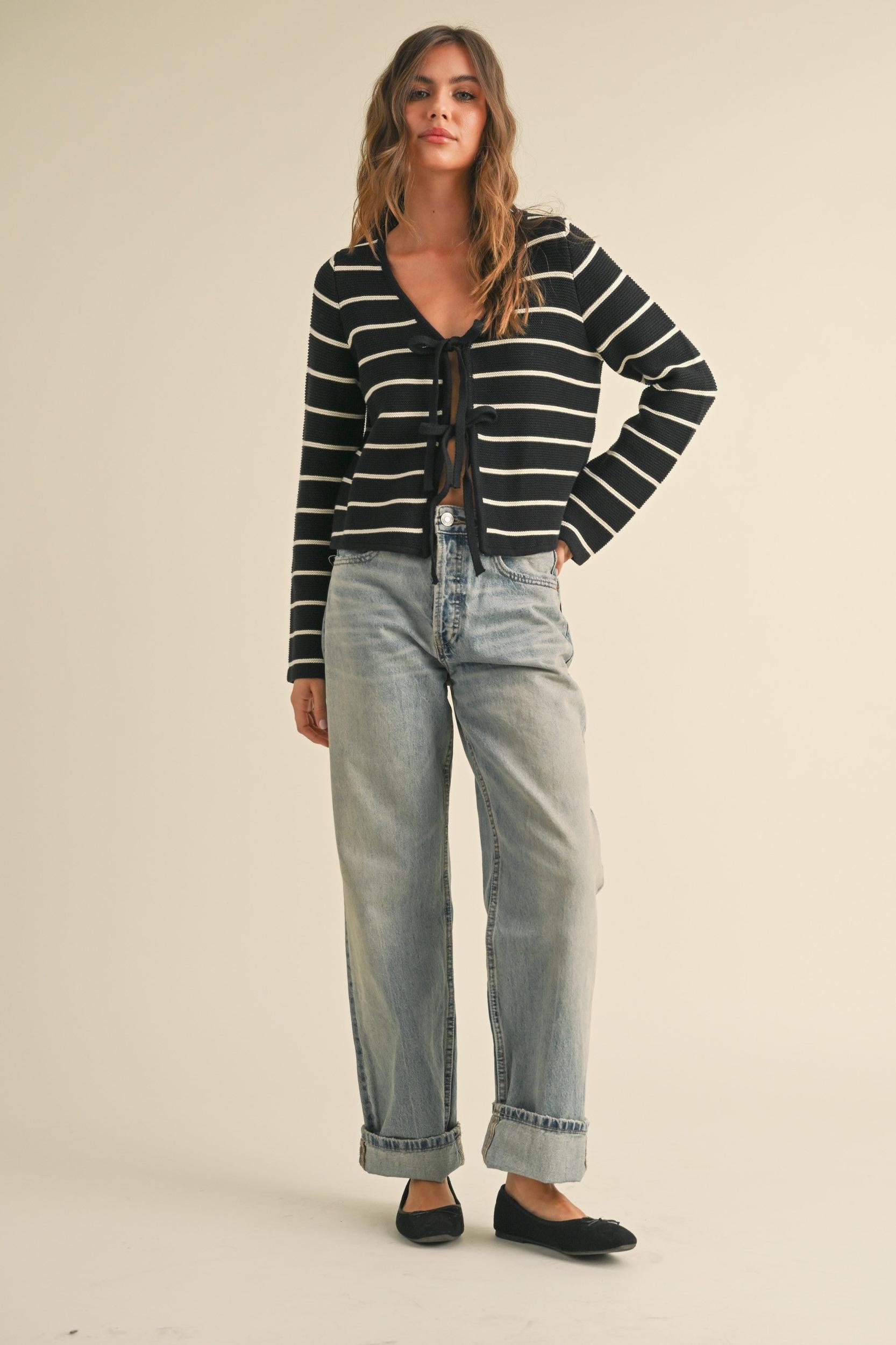 Striped Tie Front Knit Cardigan Product Image