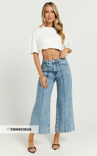 Jolene Jeans - Mid Rise Wide Leg Recycled Denim Cropped Jeans in Mid Blue Wash Product Image