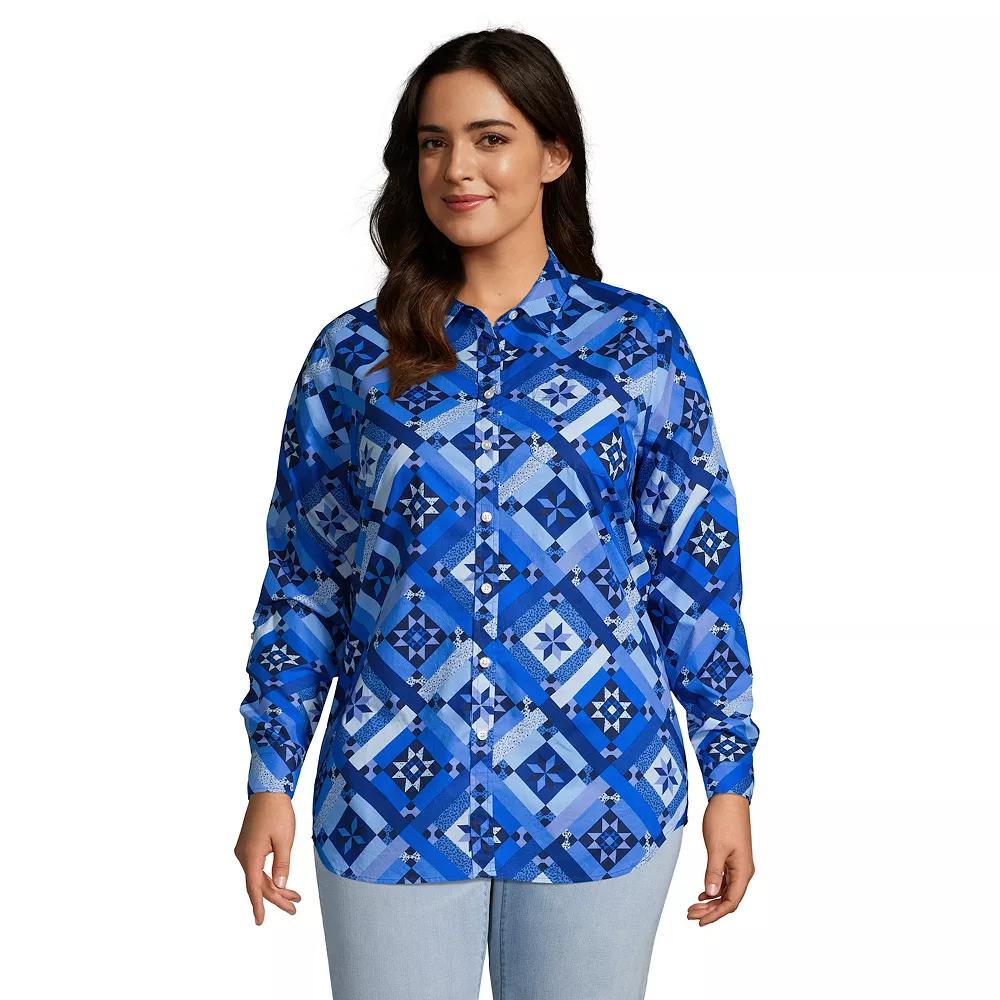 Plus Size Lands' End Roll-Tab Poplin Boyfriend Tunic Shirt, Women's, Size: 2XL, Blue Prosperity Quilt Product Image