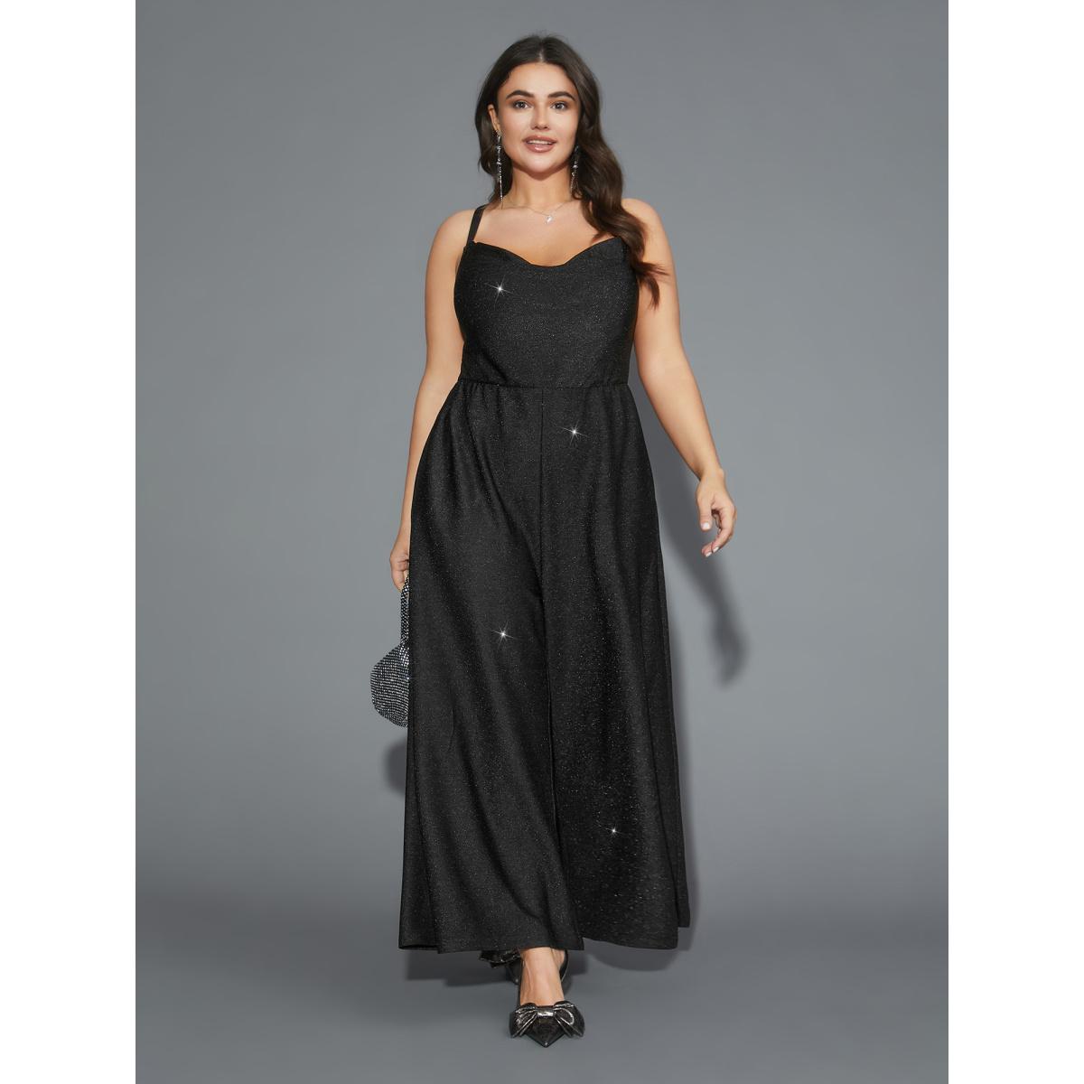 Plus Size Black Cross Back Straps Cowl Neck Jumpsuit Women Cocktail Sleeveless Cowl Neck Party Loose Jumpsuits BloomChic 26/4X Product Image