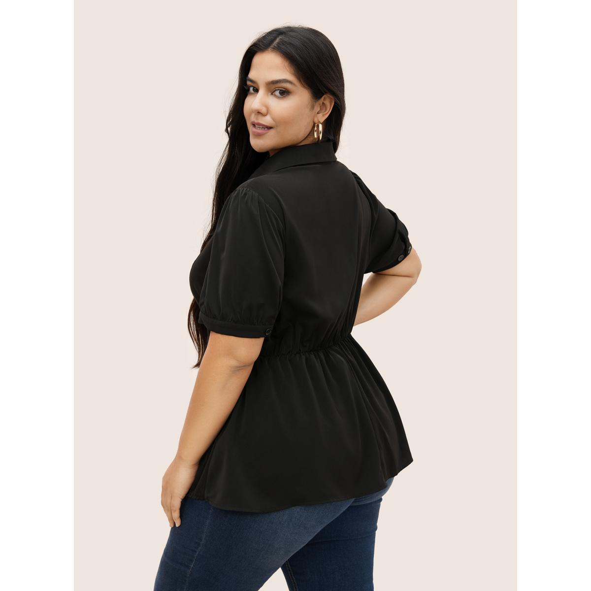 Plus Size Black Shirt Collar Solid Button Detail Gathered Blouse Women At the Office Short sleeve Shirt collar Work Blouses BloomChic 14-16/1X Product Image