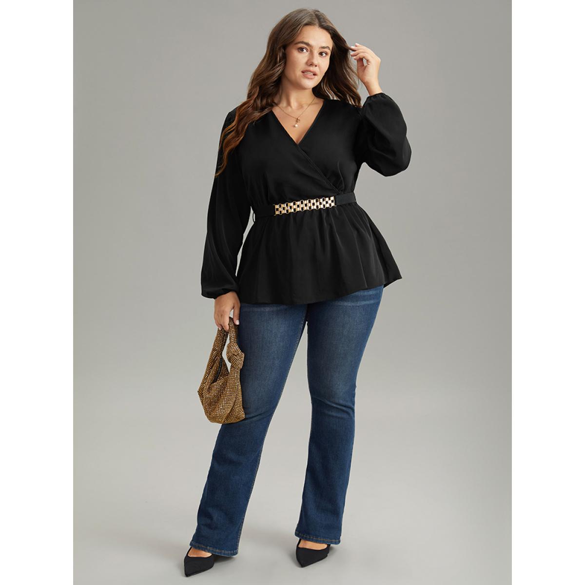Plus Size Black Solid Wrap Flutters Style Accents Belted Blouse Women Office Long Sleeve V-neck Office Blouses BloomChic 22-24/3X Product Image