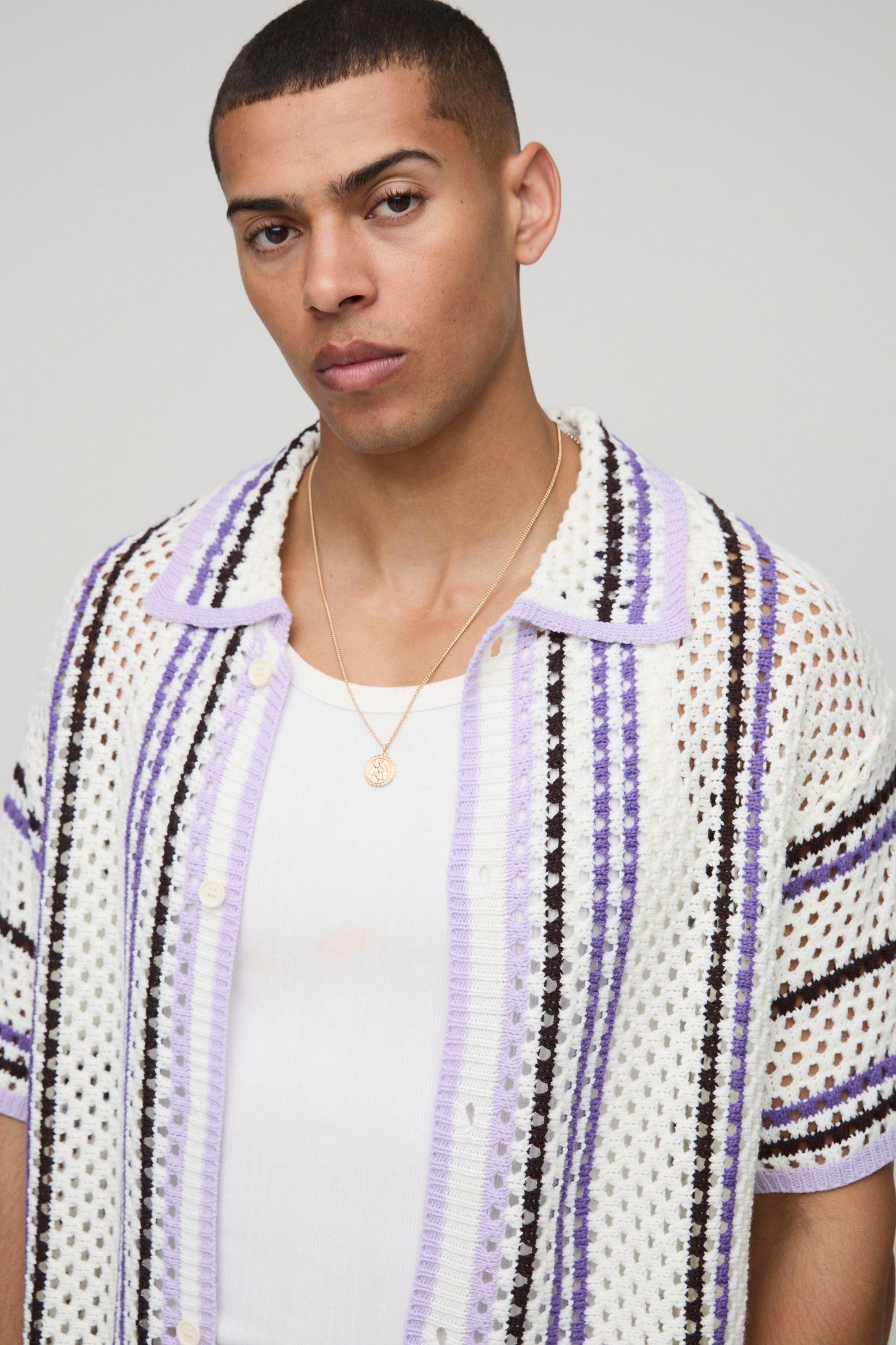 Oversized Boxy Open Knit Stripe Shirt | boohooMAN USA Product Image