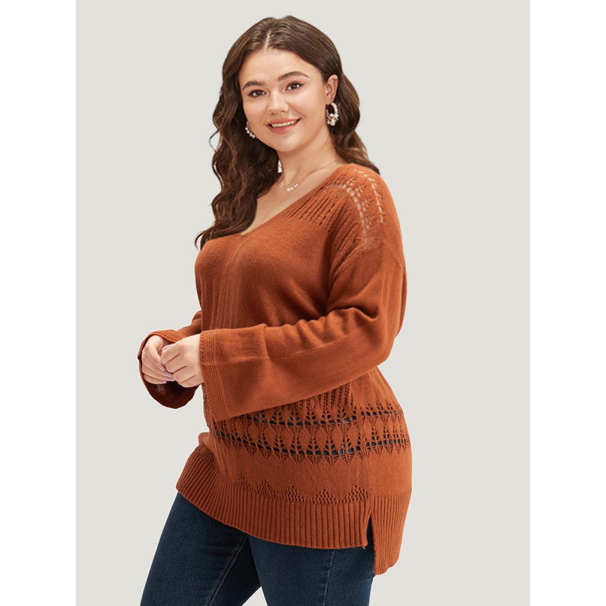 Plus Size Solid Hollow Out Split V Neck Pullover Chocolate Women Casual Loose Long Sleeve V-neck Everyday Pullovers BloomChic 10/M Product Image