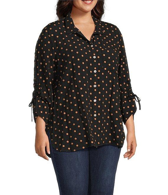 John Mark Plus Size Embroidered Polka Dot Cinch Tie Sleeve Button Front Tunic Product Image
