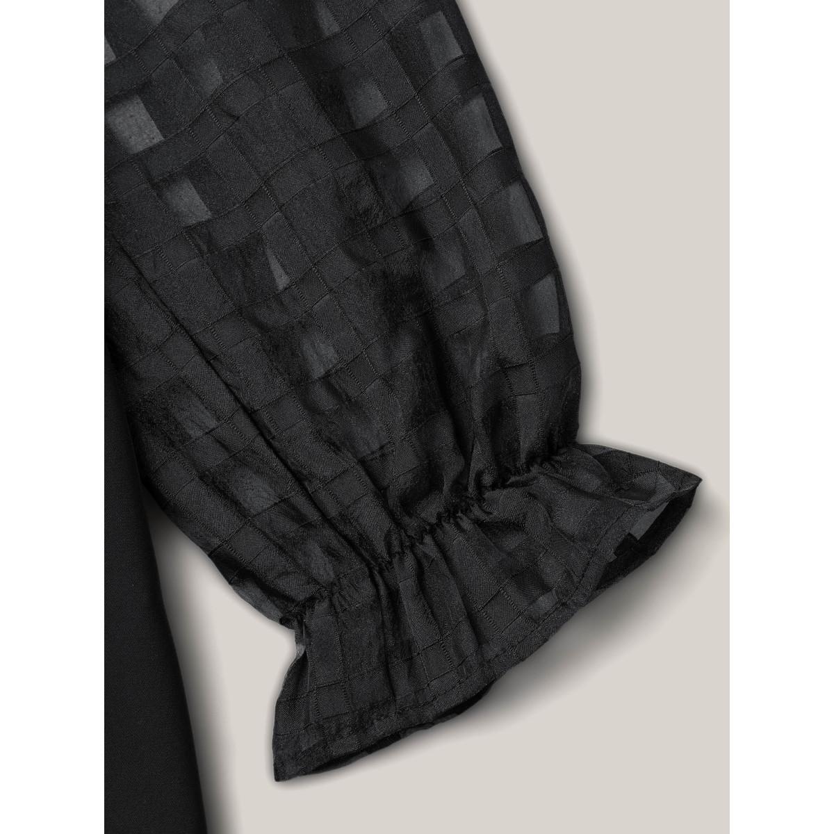 Plus Size Black Sheer Textured Sleeve Neck Cut-Out Shirt Women Office Long Sleeve Round Neck Office Blouses BloomChic 22-24/3X Product Image