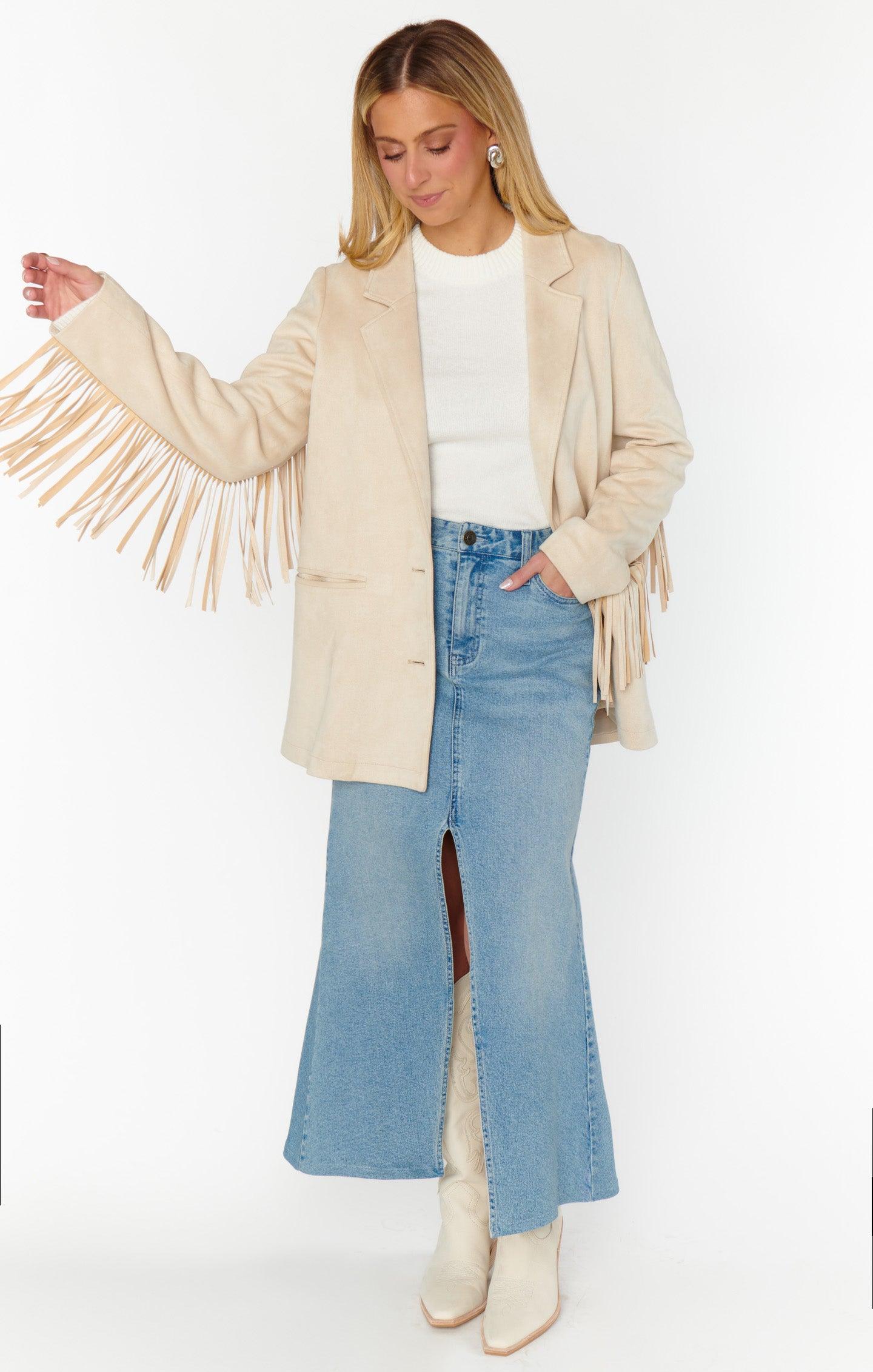 Sierra Fringe Jacket ~ Cream Faux Suede Product Image