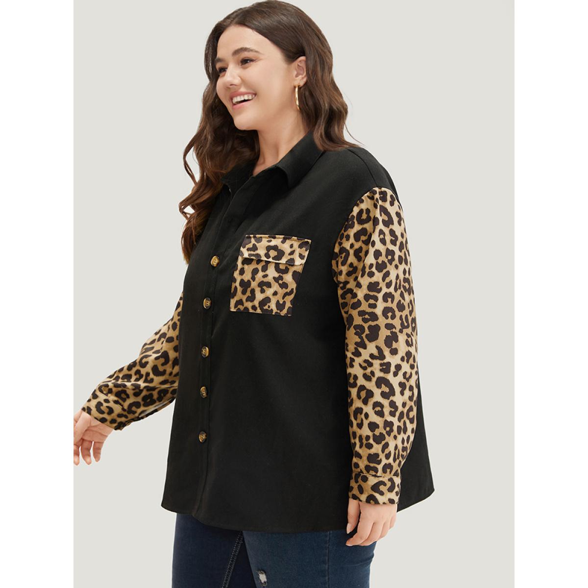 Plus Size Leopard Patchwork Contrast Button Up Coat Women Black Contrast Pocket Dailywear Jackets BloomChic 22-24/3X Product Image