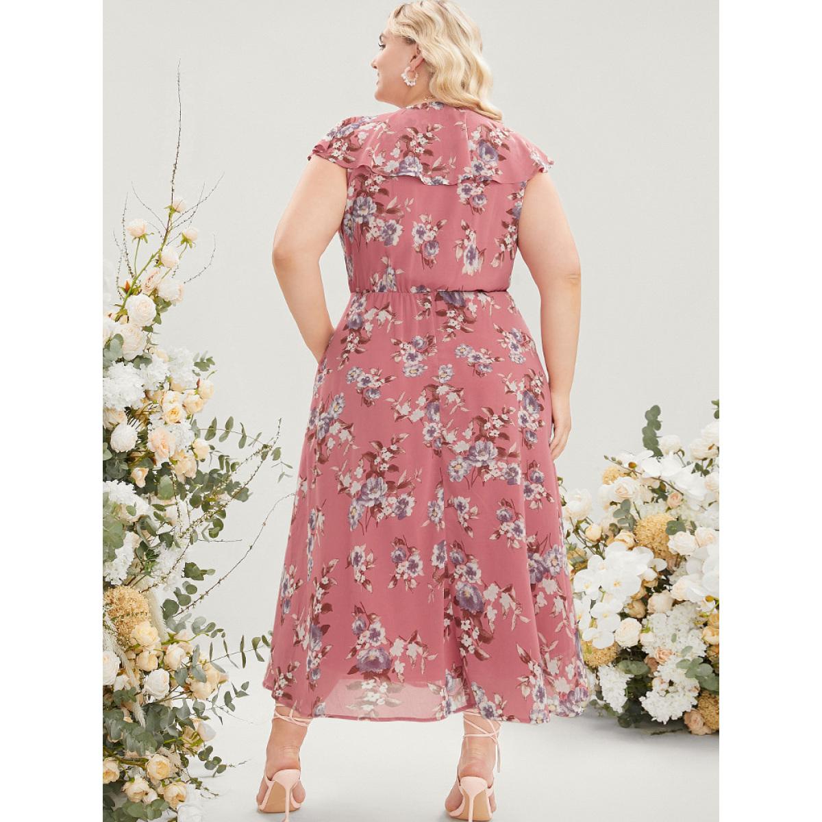 Plus Size Floral Print Ruffle Trim Pocket Sleeveless Wrap Dress DustyPink Women Elegant Elastic Waist Overlap Collar Sleeveless Curvy Midi Dress BloomChic 30/6X Product Image