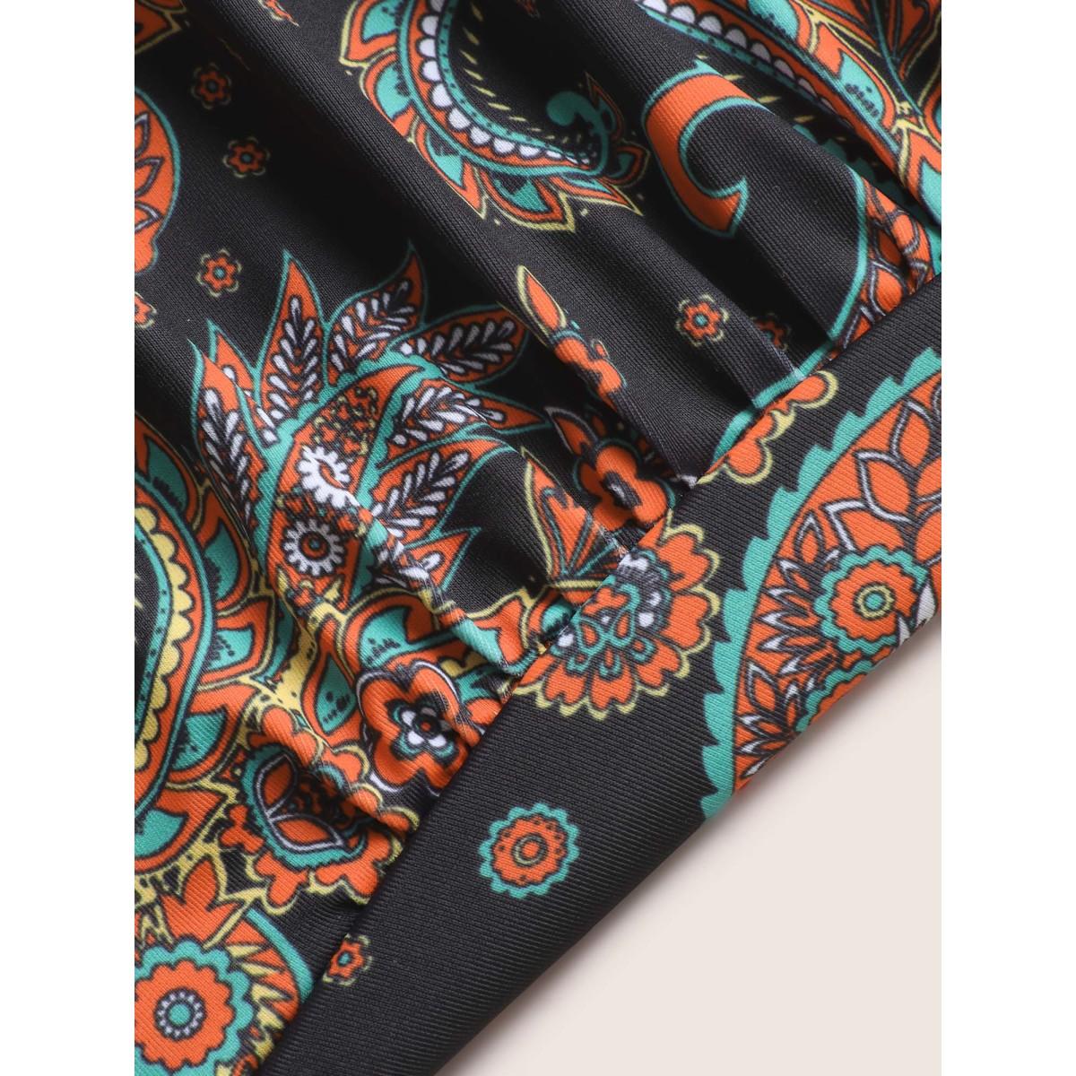 Plus Size Paisley Print Overlap Collar Ruched One Piece Swimsuit Women's Swimwear Black Beach Gathered Curve Bathing Suits High stretch One Pieces BloomChic 28/5X Product Image