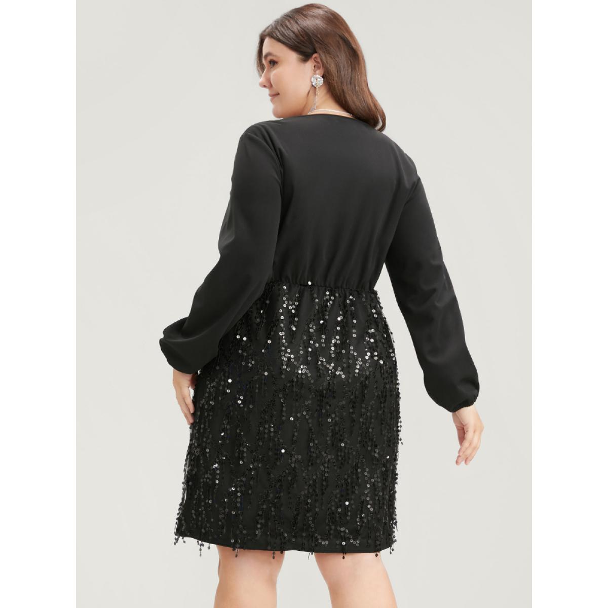 Plus Size Solid Patchwork Wrap Sequin Tassel Detail Dress Black Women Party Patchwork V-neck Long Sleeve Curvy Knee Dress BloomChic 28/5X Product Image