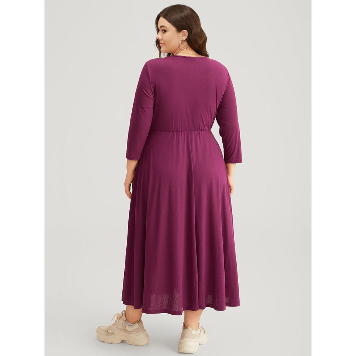 Plus Size Supersoft Essentials Scoop Neck Pleated Dress RedViolet Women Casual Plain Scoop Neck Elbow-length sleeve Curvy Midi Dress BloomChic 12/L Product Image