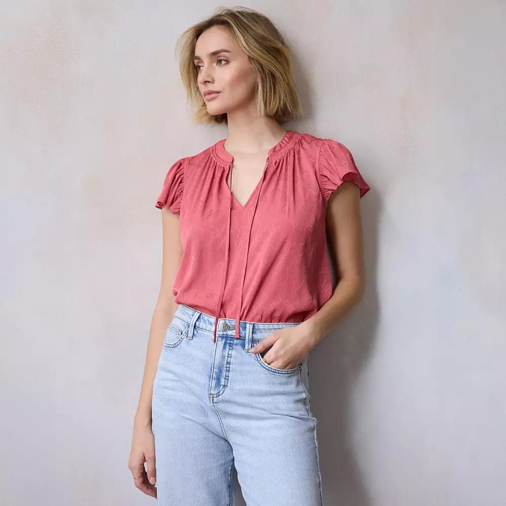Women's LC Lauren Conrad Tie Front Ruffled V-Neck Shell, Size: XXL, Jeannie Pink Product Image